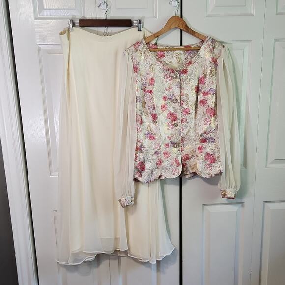 Vintage Mike Benet 2 Piece Skirt Set Size 20 Floral Gold Sparkle Coquette 80s - Picture 1 of 13